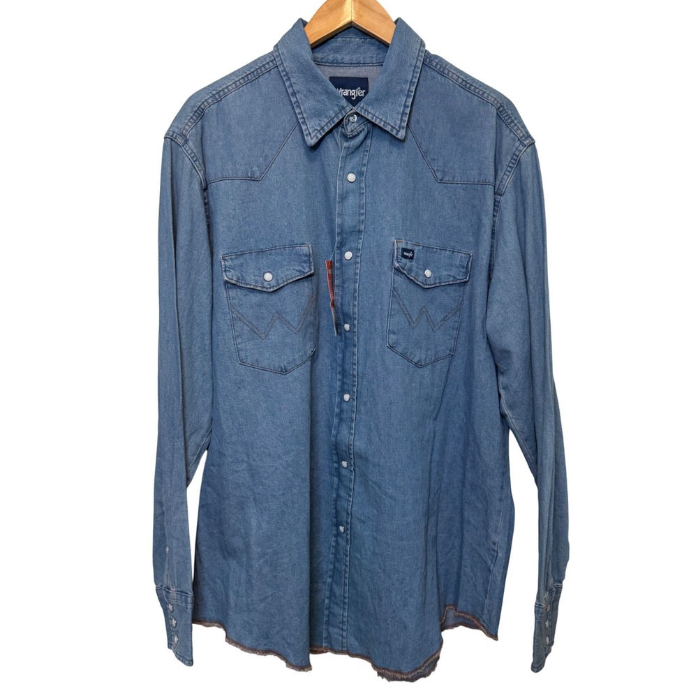 Wrangler Mens Denim Work Shirt XL Blue Pearl Snap Western Cowboy Cut Classic